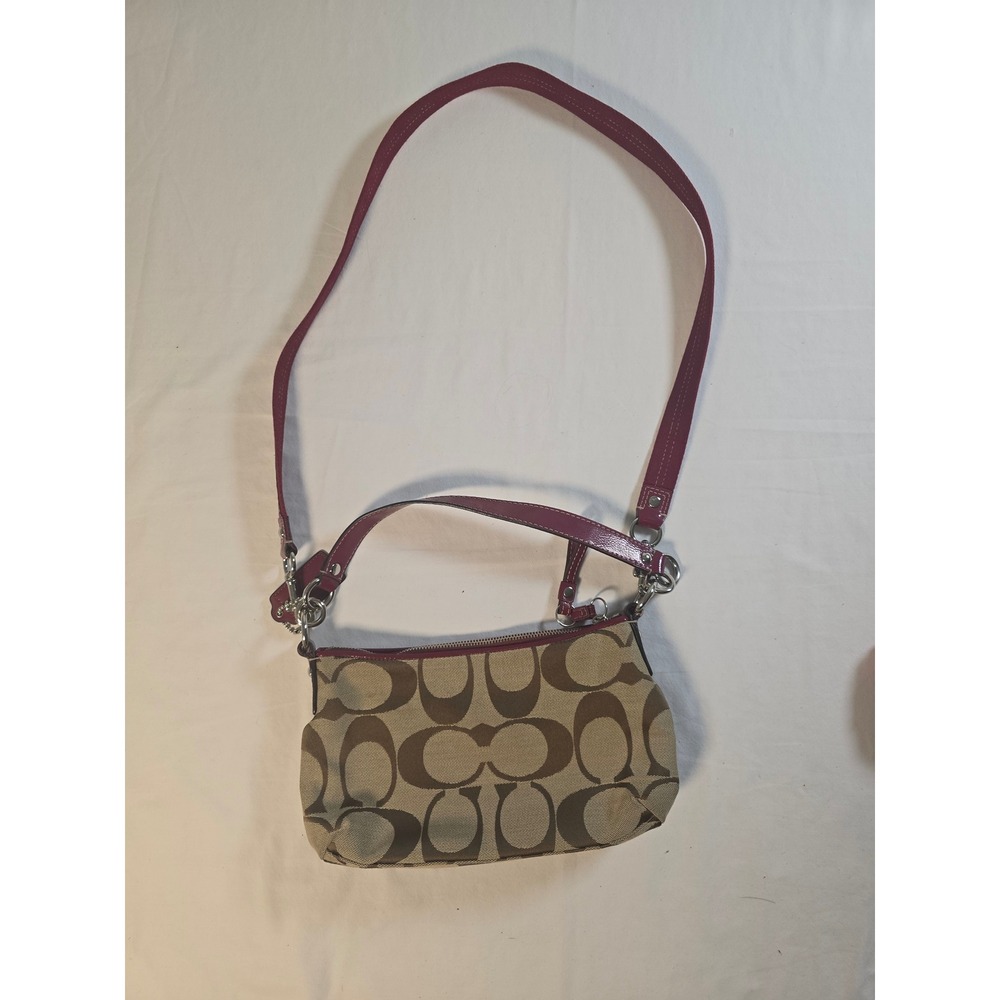 Coach Signature Canvas Crossbody Bag Khaki Raspberry Pink F17439 Small Hobo - Picture 2 of 6